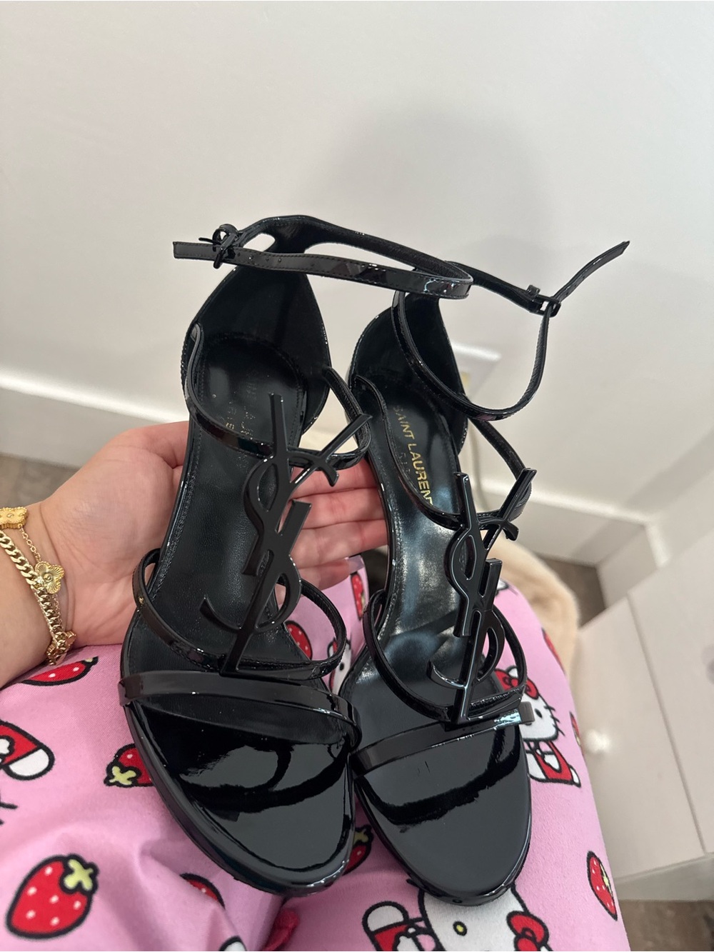 Saint Laurent Black Patent Leather YSL Logo Heeled Sandals
